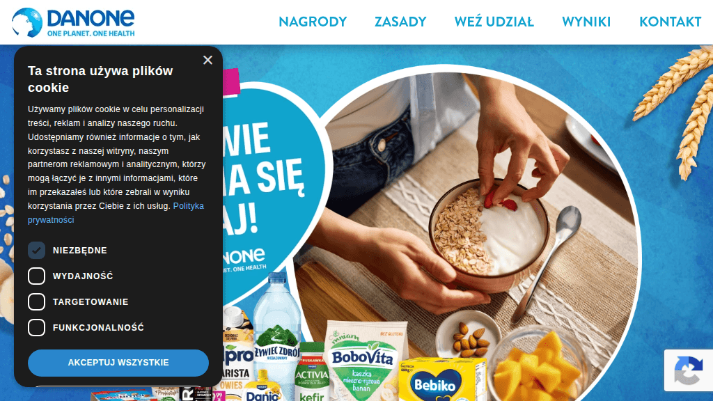 Plakat promocyjny loterii Kup produkty Danone za 15 zł w Carrefour, Intermarche, E.Leclerc. – szczegóły i nagrody w Carrefour