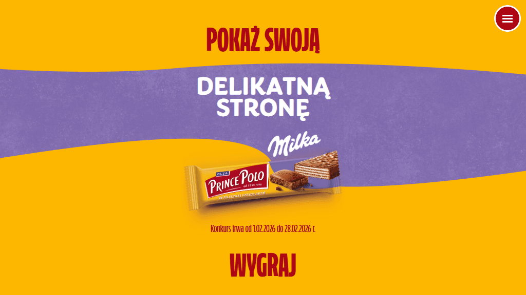 Plakat promocyjny loterii Opublikuj zdjęcie/film z #PrincePoloMilka, #delikatnastrona, #PrincePolo na Instagramie lub TikToku. – szczegóły i nagrody w Dowolny Sklep