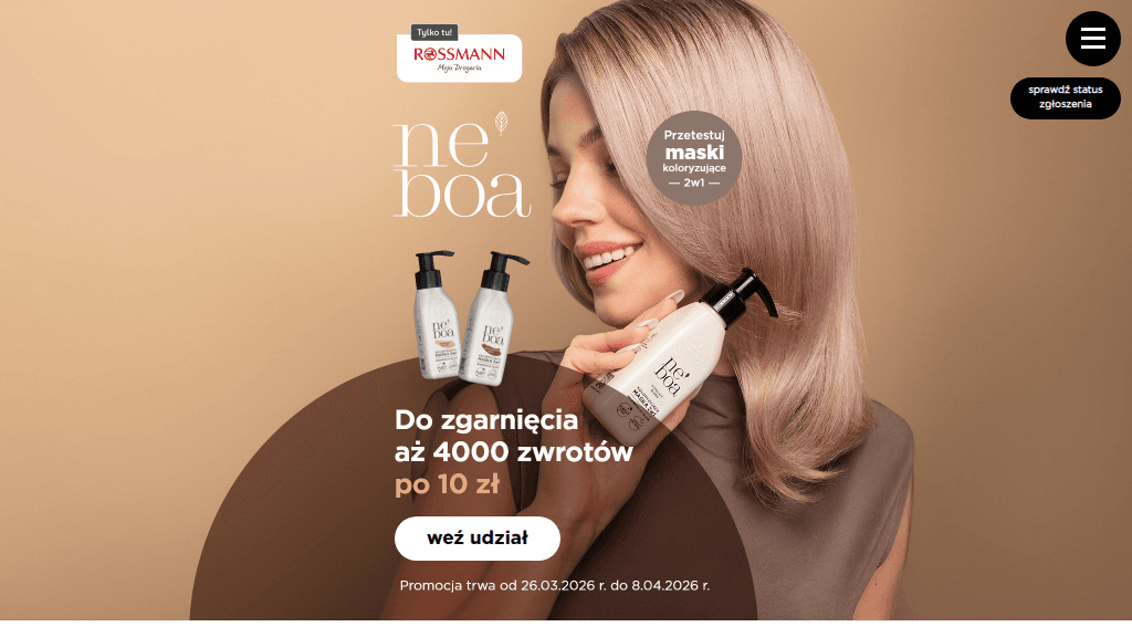 Plakat promocyjny loterii Kup maskę koloryzującą Neboa w Rossmann i otrzymaj zwrot pieniędzy – szczegóły i nagrody w Rossmann