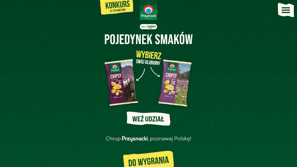 Plakat promocyjny loterii Kup dwa opakowania chipsów Przysnacki w Żabce z aplikacją Żappka. – szczegóły i nagrody w Żabka