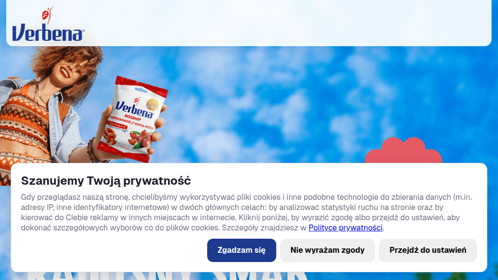 Plakat promocyjny loterii Kup dwie paczki cukierków Verbena i odpowiedz na pytanie. – szczegóły i nagrody w Dowolny Sklep