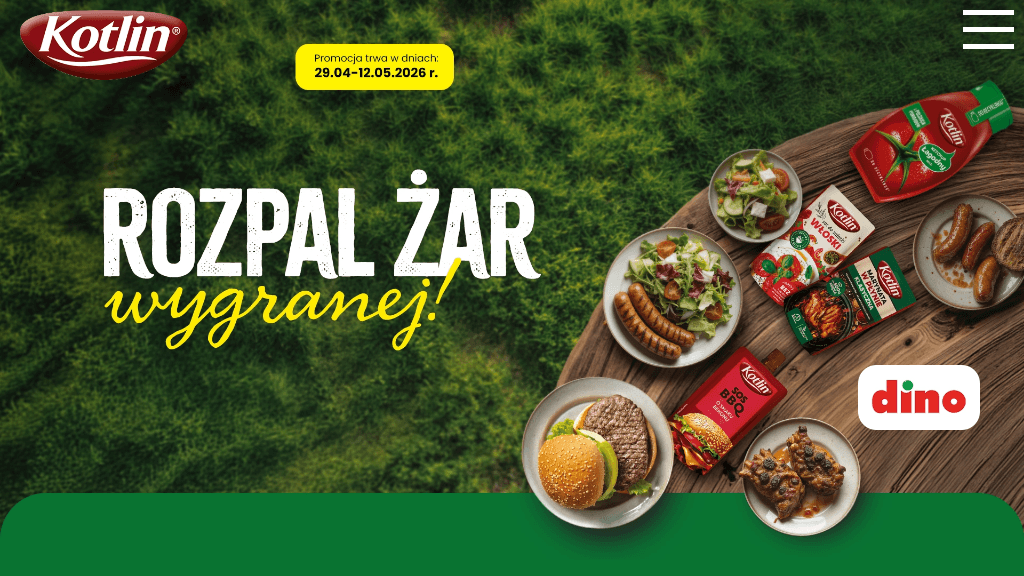 Plakat promocyjny loterii Kup produkty marki Kotlin w Dino i opisz swój grill. – szczegóły i nagrody w Dino