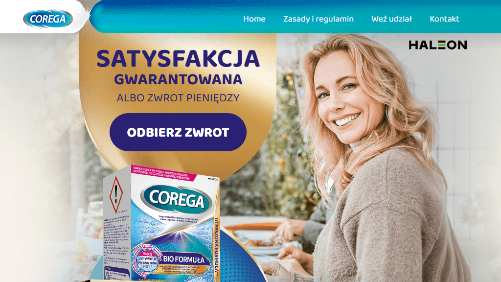 Plakat promocyjny loterii Kup Corega, zachowaj dowód zakupu i zarejestruj online. – szczegóły i nagrody w Dowolny Sklep