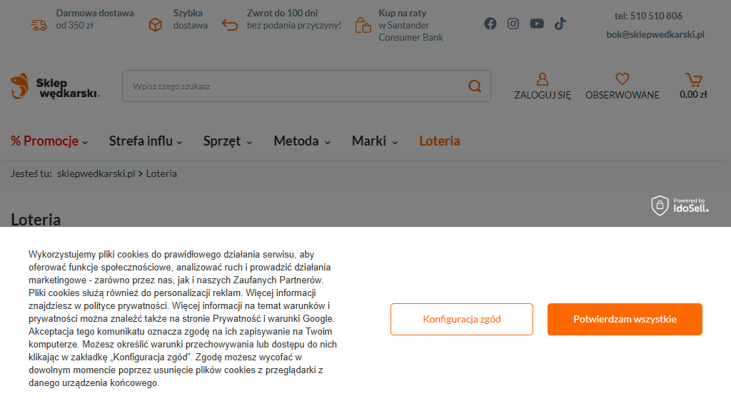 Plakat promocyjny loterii Zrób zakupy za min. 200 zł w sklepie wędkarskim lub na targach Rybomania. – szczegóły i nagrody w Sklepwedkarski.pl