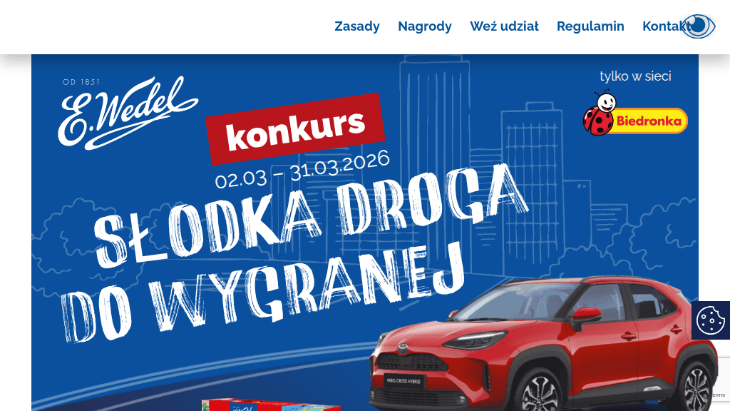 Plakat promocyjny loterii Opisz słodką drogę z produktami E Wedel w Biedronce. – szczegóły i nagrody w Biedronka