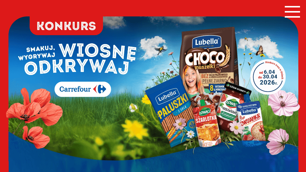 Plakat promocyjny loterii Kup produkty Lubella lub Łowicz w Carrefour i dokończ zdanie. – szczegóły i nagrody w Carrefour