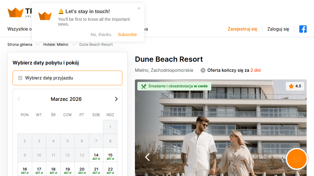 Plakat promocyjny loterii Wykup pobyt w Dune Beach Resort i uzasadnij swój wybór. – szczegóły i nagrody w Triverna Pl