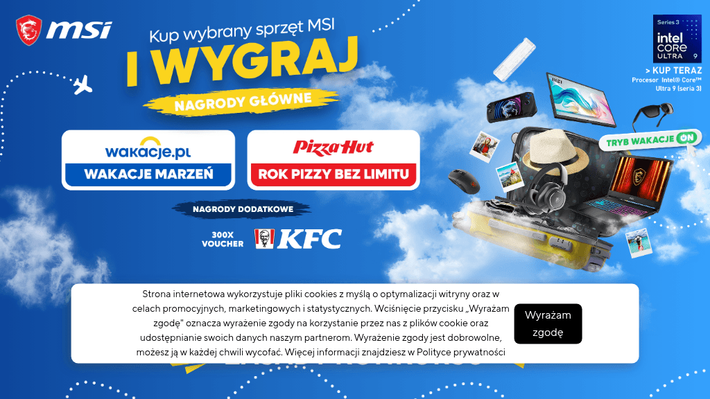 Plakat promocyjny loterii Kup sprzęt MSI w X Kom i opisz wymarzone wakacje – szczegóły i nagrody w Oficjalny Sklep MSI