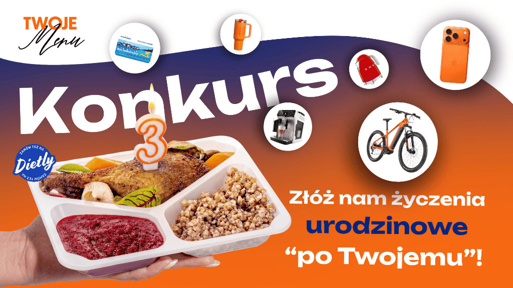 Plakat promocyjny loterii Kup catering Twoje Menu i napisz autorskie życzenia urodzinowe. – szczegóły i nagrody w Twoje Menu