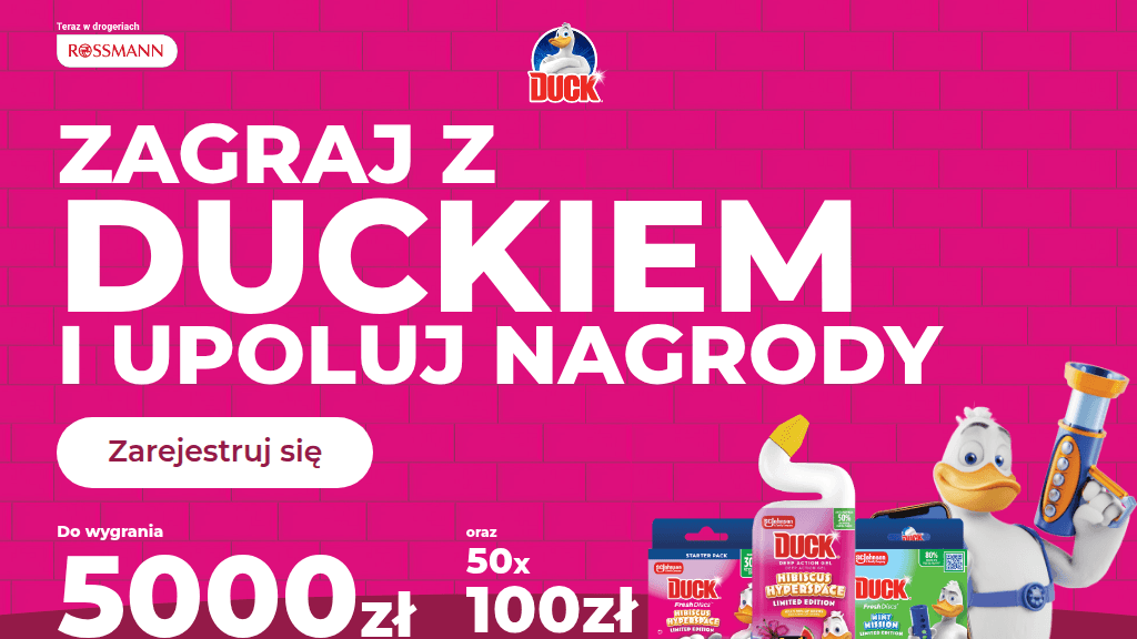 Plakat promocyjny loterii Kup produkt Duck w Rossmann lub Allegro i dokończ zdanie – szczegóły i nagrody w Rossmann