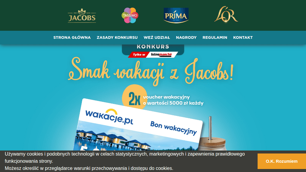 Plakat promocyjny loterii Kup Jacobs, Prima, Tassimo, Lor w Intermarche, opisz wakacyjny moment. – szczegóły i nagrody w Intermarche