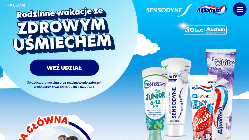 Plakat promocyjny loterii Kup Aquafresh lub Sensodyne w Auchan i opisz supermoce szczoteczki. – szczegóły i nagrody w Auchan