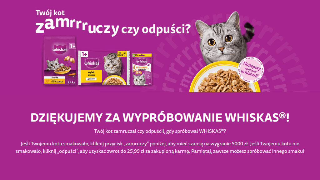 Plakat promocyjny loterii Kup produkt marki Whiskas i zachowaj paragon. – szczegóły i nagrody w Dowolny Sklep