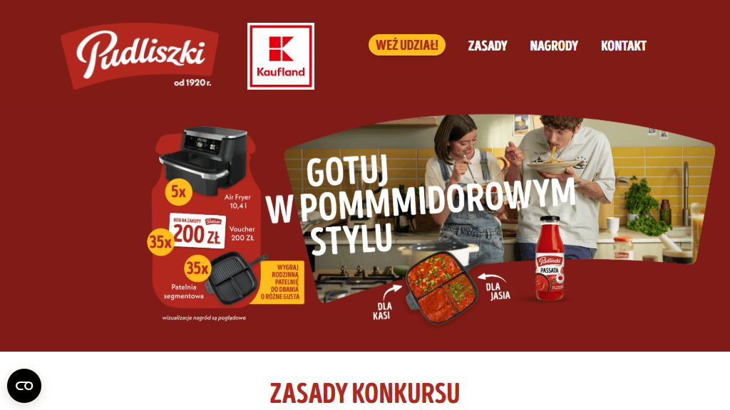 Plakat promocyjny loterii Kup dwa produkty pomidorowe Pudliszki w Kauflandzie i opisz danie – szczegóły i nagrody w Kaufland