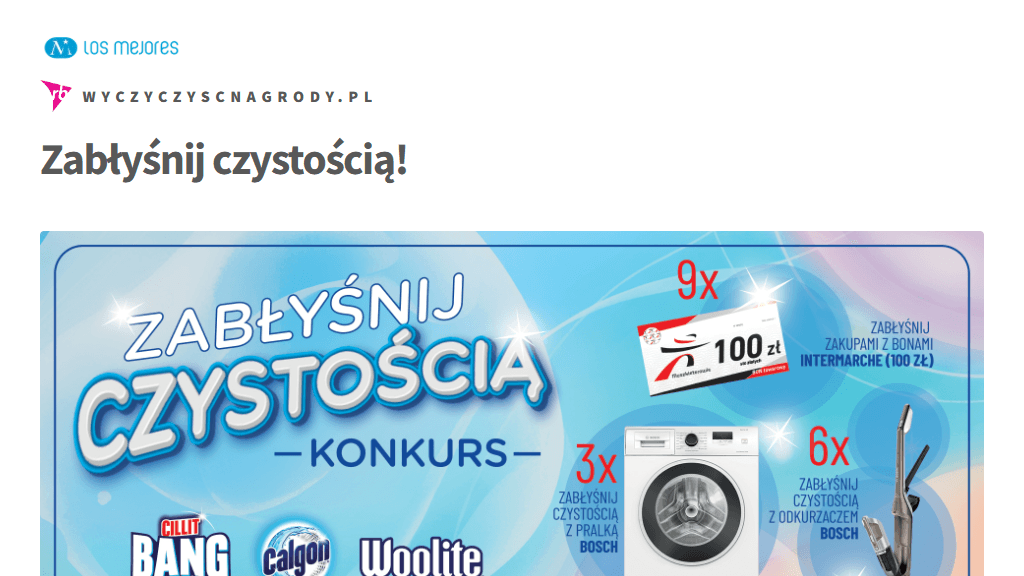 Plakat promocyjny loterii Kup Cillit Bang, Calgon, Woolite w Intermarche, odpowiedz, wyślij SMS. – szczegóły i nagrody w Intermarche