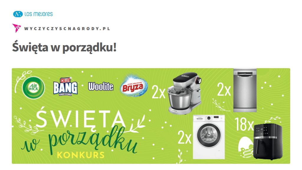 Plakat promocyjny loterii Kup Bryza, Woolite, Air Wick, Calgon, Cillit Bang w E.Leclerc – szczegóły i nagrody w E.leclerc
