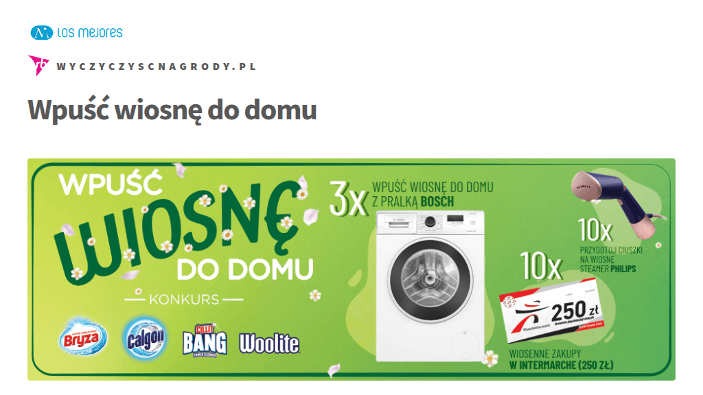 Plakat promocyjny loterii Kup produkty Cillit Bang, Calgon, Bryza lub Woolite w Intermarche. – szczegóły i nagrody w Intermarche