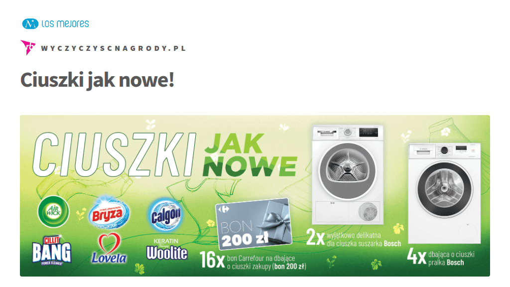 Plakat promocyjny loterii Wybierz Lovela, Woolite lub Bryza w Carrefour i odpowiedz kreatywnie. – szczegóły i nagrody w Carrefour