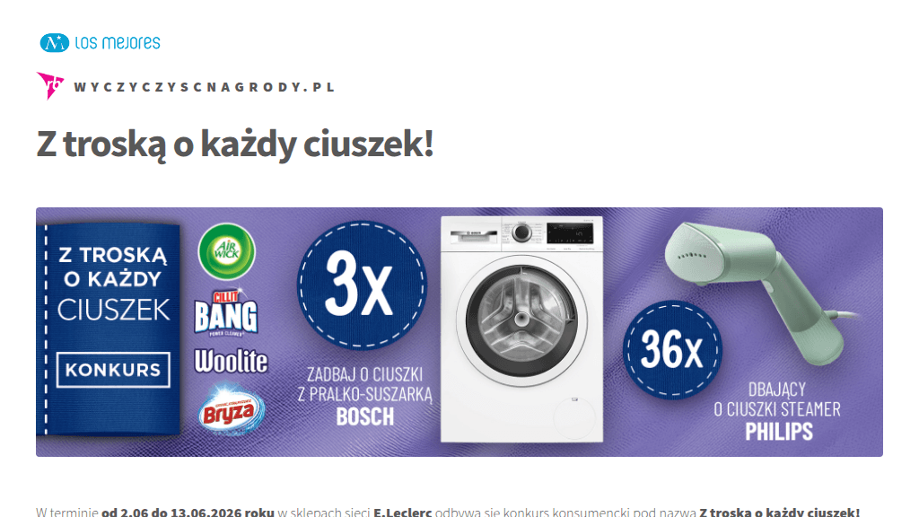 Plakat promocyjny loterii Kup produkty Bryza, Woolite, Air Wick, Cillit Bang – szczegóły i nagrody w E.Leclerc
