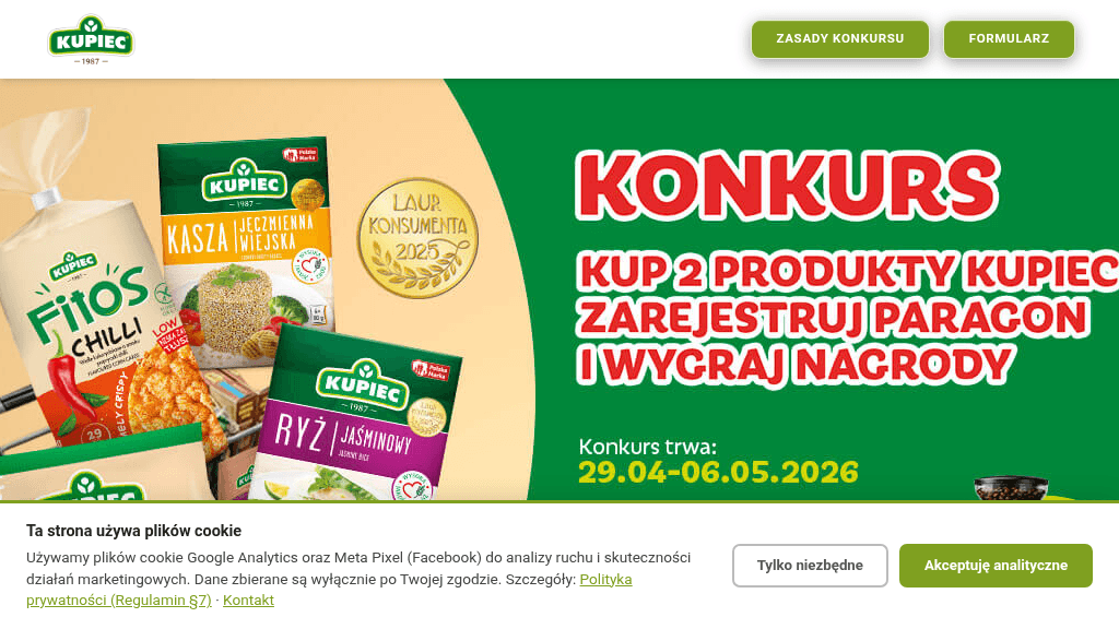 Plakat promocyjny loterii Kup dwa produkty Kupiec w Auchan i prześlij zdjęcie wypieku – szczegóły i nagrody w Auchan