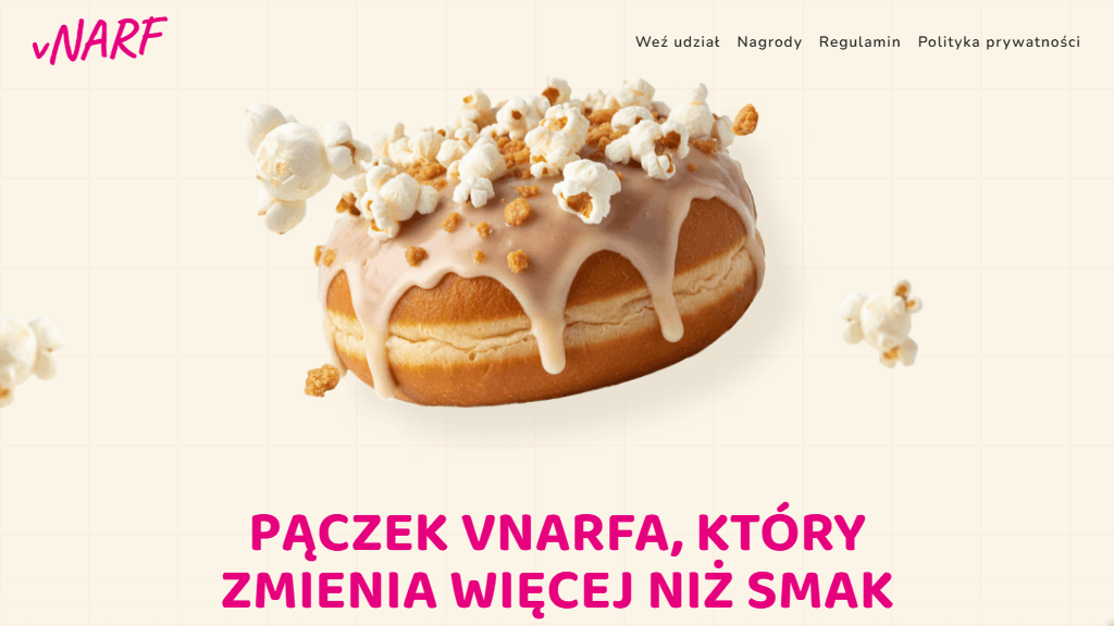 Plakat promocyjny loterii Kup pysznego pączka Vnarfa, opublikuj zdjęcie, odpowiedz na pytanie – szczegóły i nagrody w Dowolny Sklep