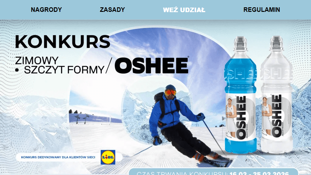 Plakat promocyjny loterii Kup produkt Oshee w Lidlu i opisz idealny dzień stoku. – szczegóły i nagrody w Lidl